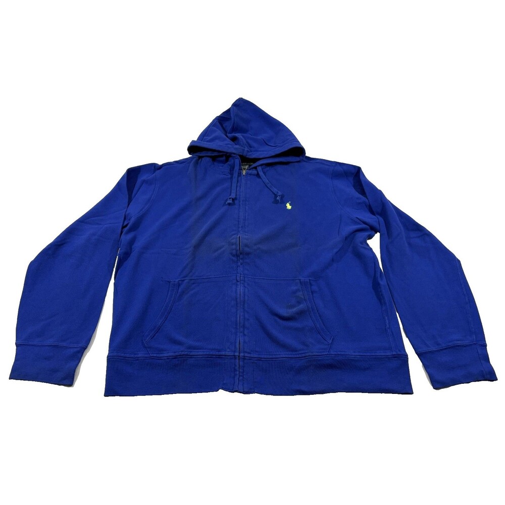 Polo Ralph Lauren Zip Hoodie Cobalt Blue Neon Green Pony Thin Sweater 2XL Stain